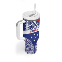 Personalised Toa Samoa Rugby Spirit Tumbler With Handle Blue Samoan Tribal Pattern - Polynesian Pride