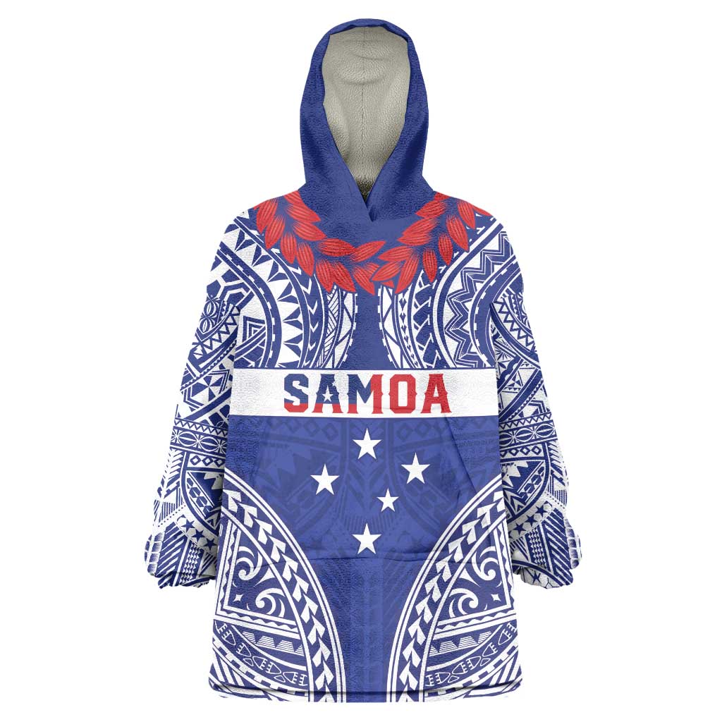 Personalised Toa Samoa Rugby Spirit Wearable Blanket Hoodie Blue Samoan Tribal Pattern - Polynesian Pride