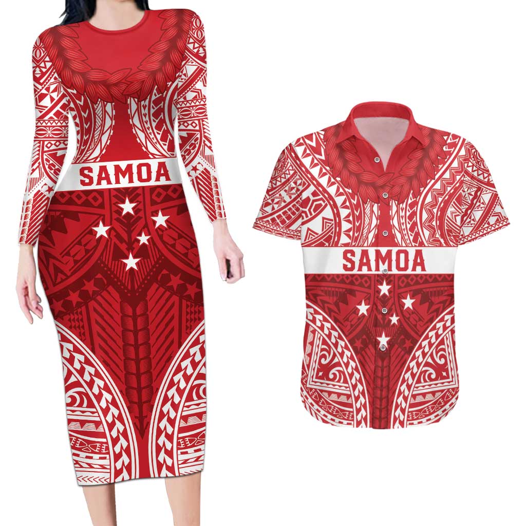 Personalised Toa Samoa Rugby Spirit Couples Matching Long Sleeve Bodycon Dress and Hawaiian Shirt Red Samoan Tribal Pattern - Polynesian Pride