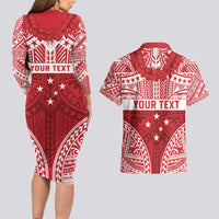 Personalised Toa Samoa Rugby Spirit Couples Matching Long Sleeve Bodycon Dress and Hawaiian Shirt Red Samoan Tribal Pattern - Polynesian Pride
