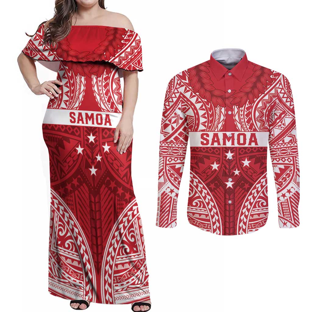 Personalised Toa Samoa Rugby Spirit Couples Matching Off Shoulder Maxi Dress and Long Sleeve Button Shirt Red Samoan Tribal Pattern - Polynesian Pride