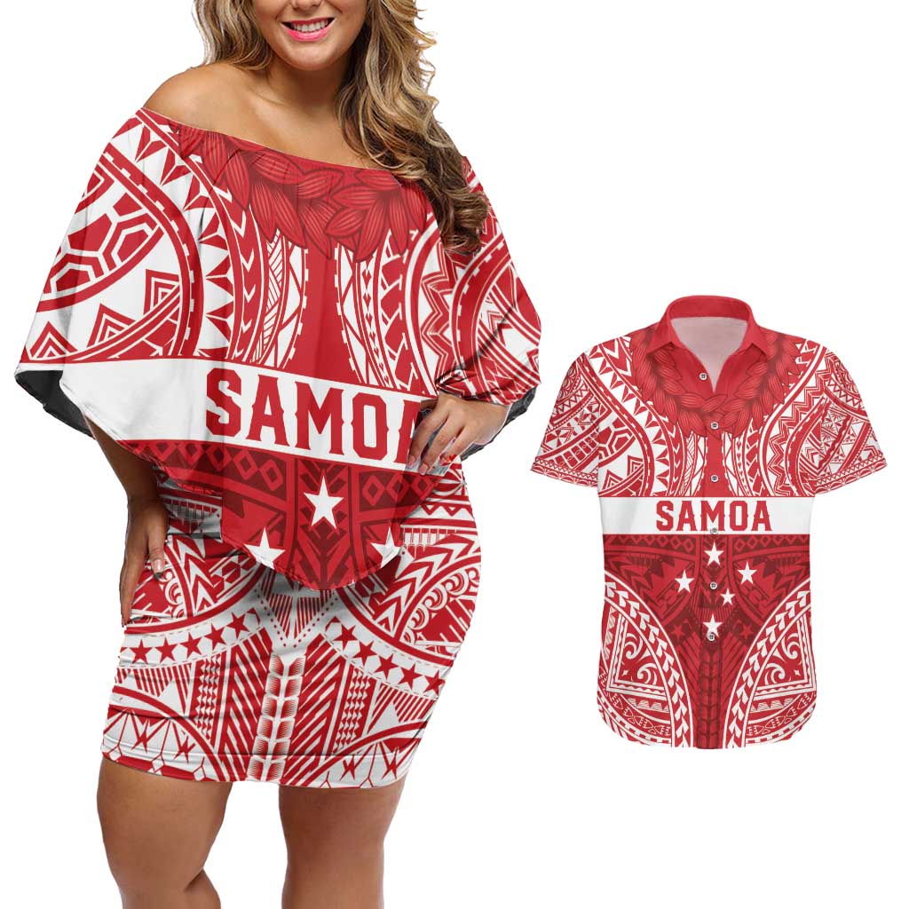 Personalised Toa Samoa Rugby Spirit Couples Matching Off Shoulder Short Dress and Hawaiian Shirt Red Samoan Tribal Pattern - Polynesian Pride