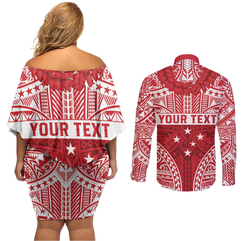 Personalised Toa Samoa Rugby Spirit Couples Matching Off Shoulder Short Dress and Long Sleeve Button Shirt Red Samoan Tribal Pattern - Polynesian Pride