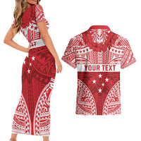 Personalised Toa Samoa Rugby Spirit Couples Matching Short Sleeve Bodycon Dress and Hawaiian Shirt Red Samoan Tribal Pattern - Polynesian Pride