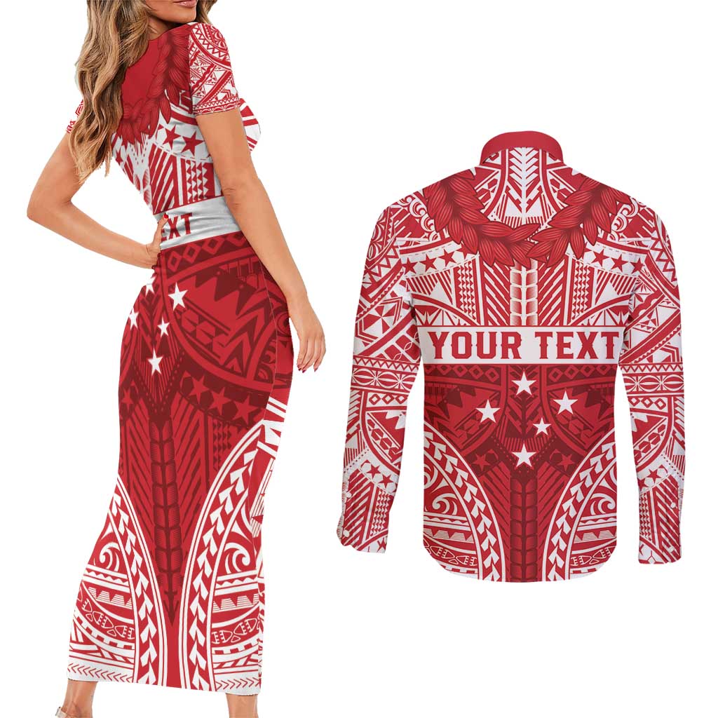 Personalised Toa Samoa Rugby Spirit Couples Matching Short Sleeve Bodycon Dress and Long Sleeve Button Shirt Red Samoan Tribal Pattern - Polynesian Pride