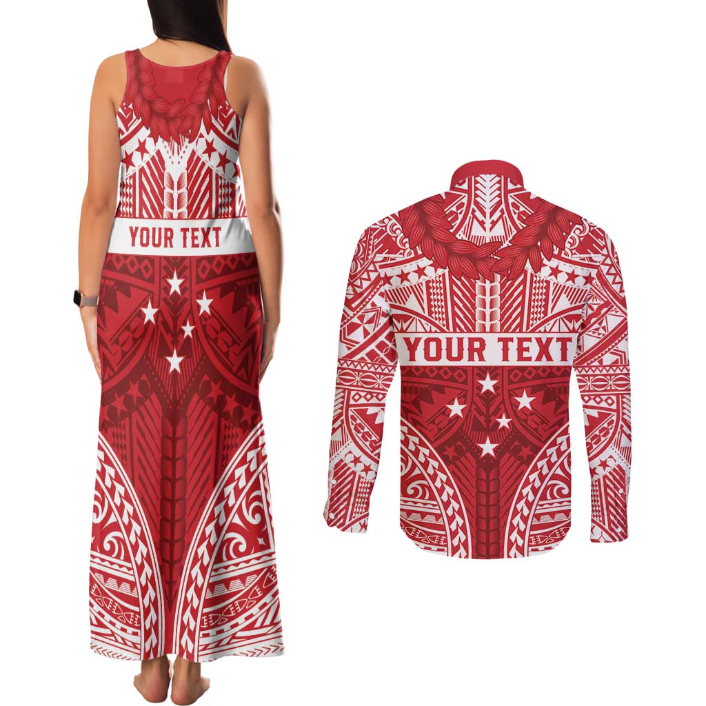Personalised Toa Samoa Rugby Spirit Couples Matching Tank Maxi Dress and Long Sleeve Button Shirt Red Samoan Tribal Pattern - Polynesian Pride