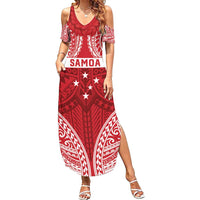 Personalised Toa Samoa Rugby Spirit Family Matching Summer Maxi Dress and Hawaiian Shirt Red Samoan Tribal Pattern - Polynesian Pride