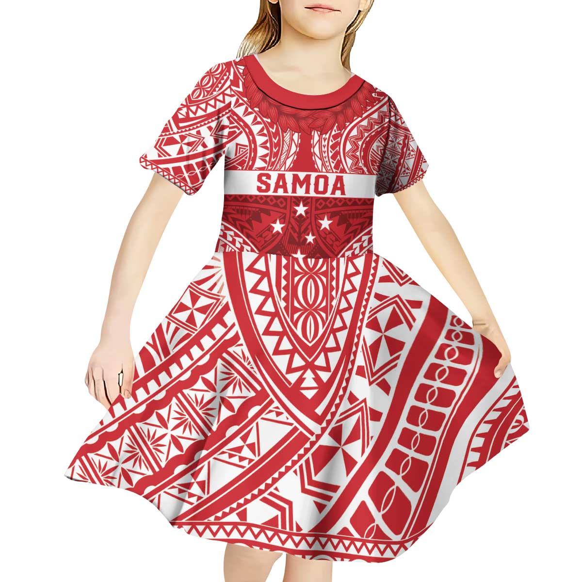 Personalised Toa Samoa Rugby Spirit Kid Short Sleeve Dress Red Samoan Tribal Pattern - Polynesian Pride