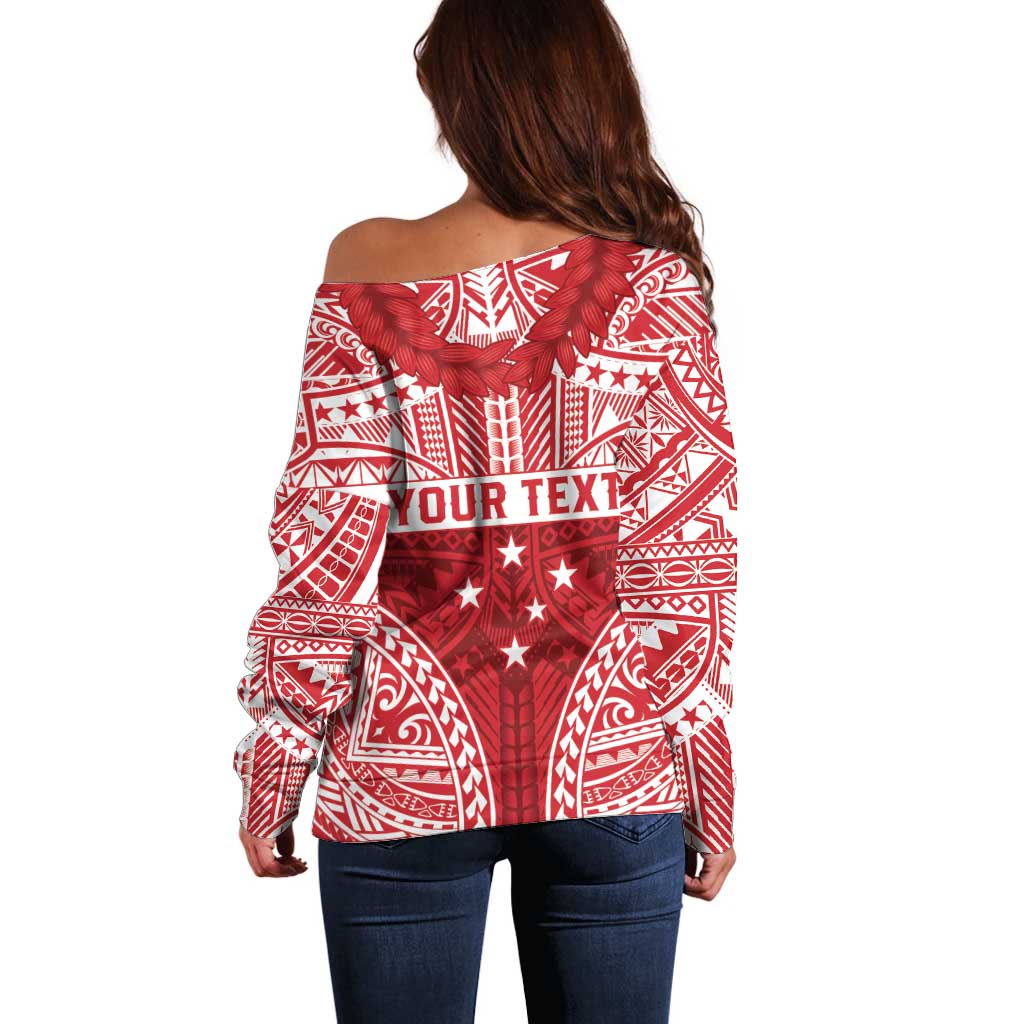 Personalised Toa Samoa Rugby Spirit Off Shoulder Sweater Red Samoan Tribal Pattern - Polynesian Pride