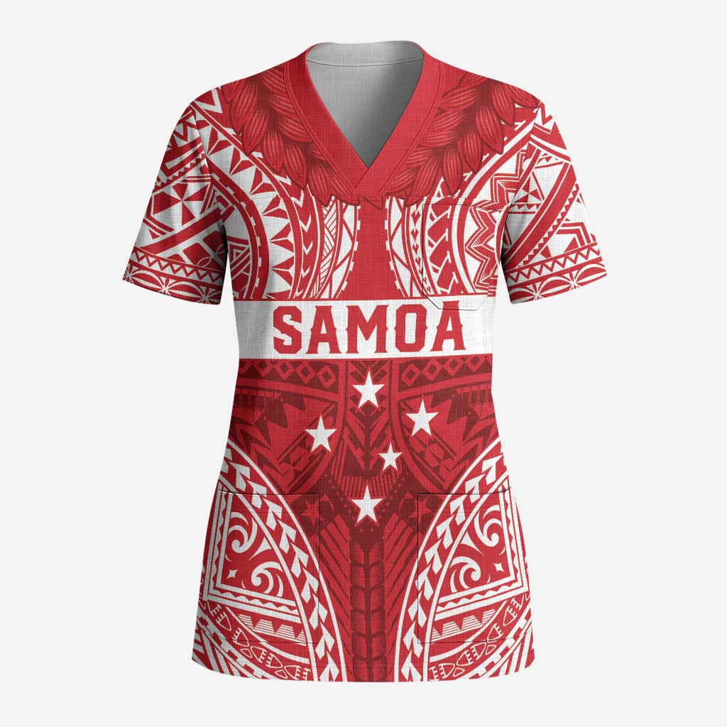 Personalised Toa Samoa Rugby Spirit Scrub Top Red Samoan Tribal Pattern - Polynesian Pride