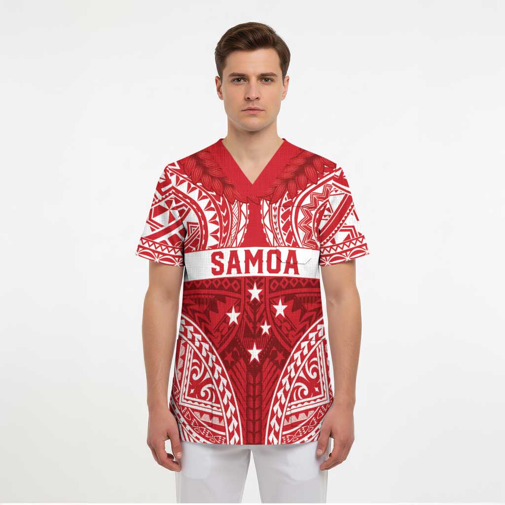 Personalised Toa Samoa Rugby Spirit Scrub Top Red Samoan Tribal Pattern - Polynesian Pride