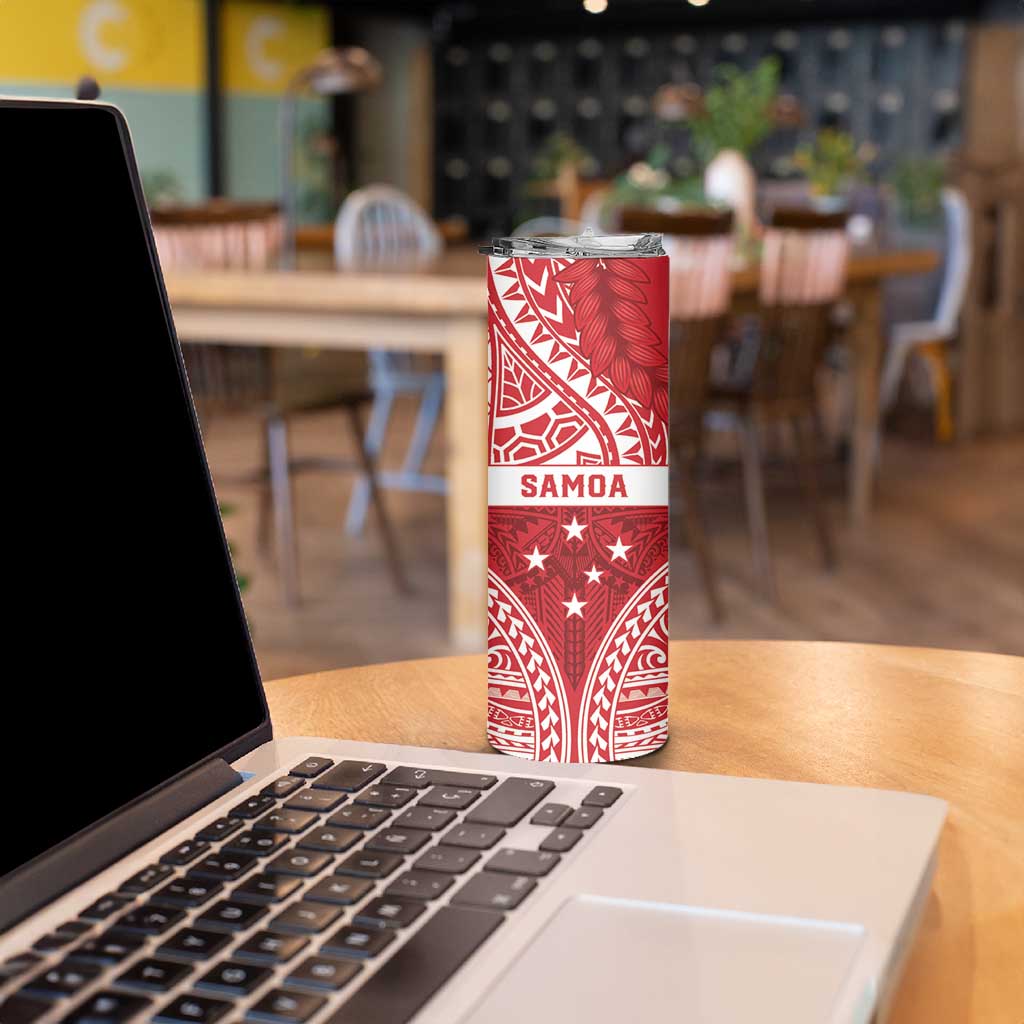Personalised Toa Samoa Rugby Spirit Skinny Tumbler Red Samoan Tribal Pattern - Polynesian Pride