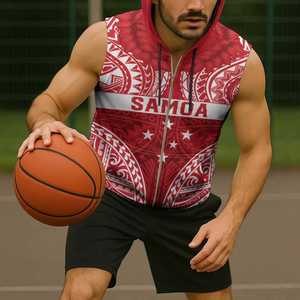 Personalised Toa Samoa Rugby Spirit Sleeveless Zip Hoodie Red Samoan Tribal Pattern - Polynesian Pride