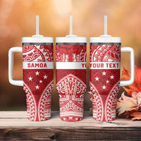 Personalised Toa Samoa Rugby Spirit Tumbler With Handle Red Samoan Tribal Pattern - Polynesian Pride