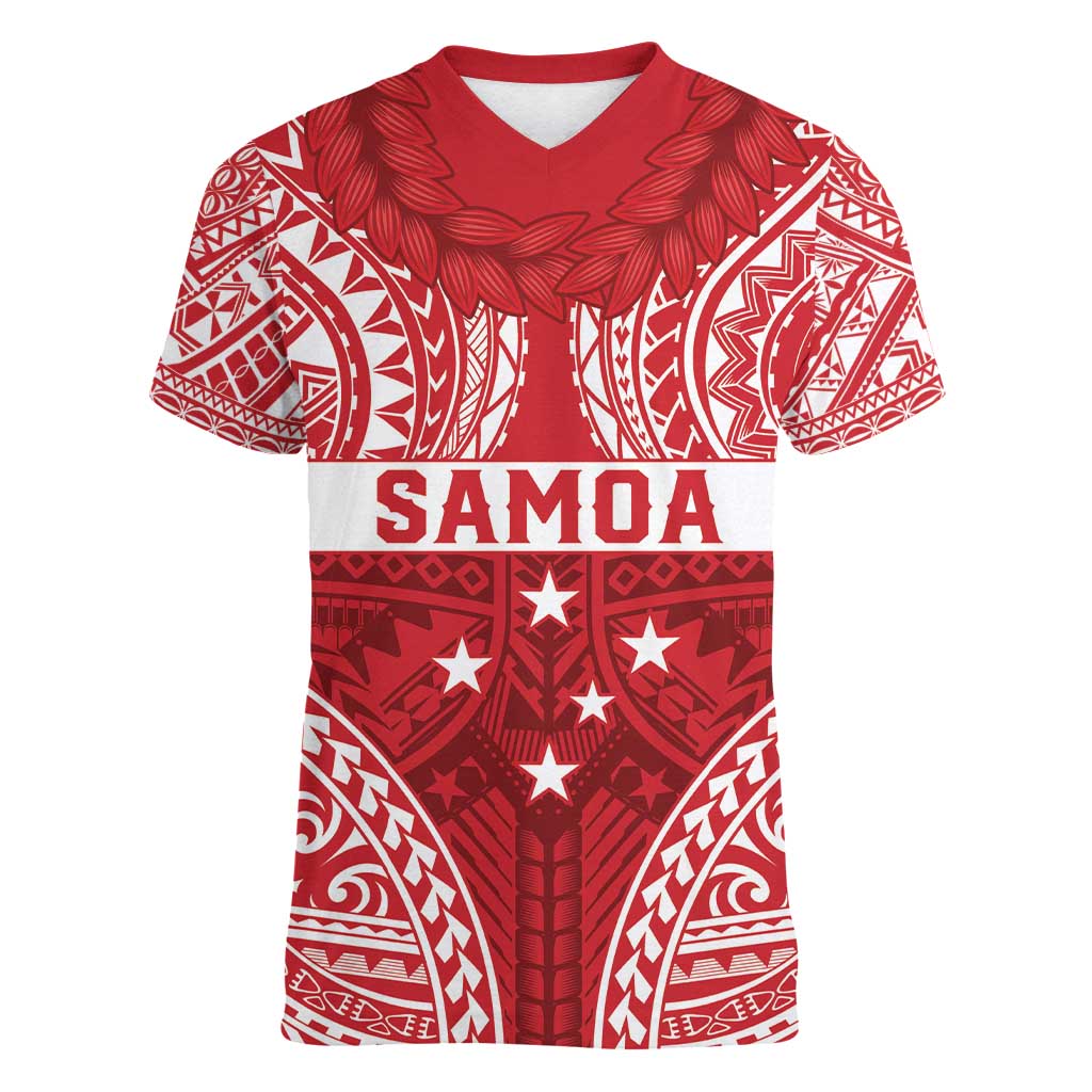 Personalised Toa Samoa Rugby Spirit Women V-Neck T-Shirt Red Samoan Tribal Pattern - Polynesian Pride