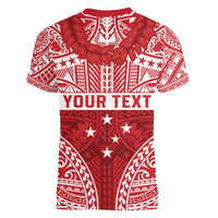 Personalised Toa Samoa Rugby Spirit Women V-Neck T-Shirt Red Samoan Tribal Pattern - Polynesian Pride