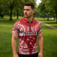 Personalised Toa Samoa Rugby Spirit Zipper Polo Shirt Red Samoan Tribal Pattern - Polynesian Pride