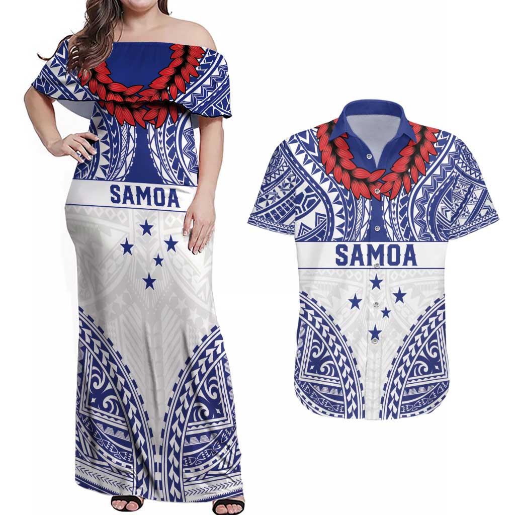 Personalised Toa Samoa Rugby Spirit Couples Matching Off Shoulder Maxi Dress and Hawaiian Shirt White Samoan Tribal Pattern - Polynesian Pride