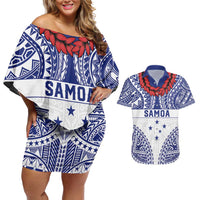 Personalised Toa Samoa Rugby Spirit Couples Matching Off Shoulder Short Dress and Hawaiian Shirt White Samoan Tribal Pattern - Polynesian Pride