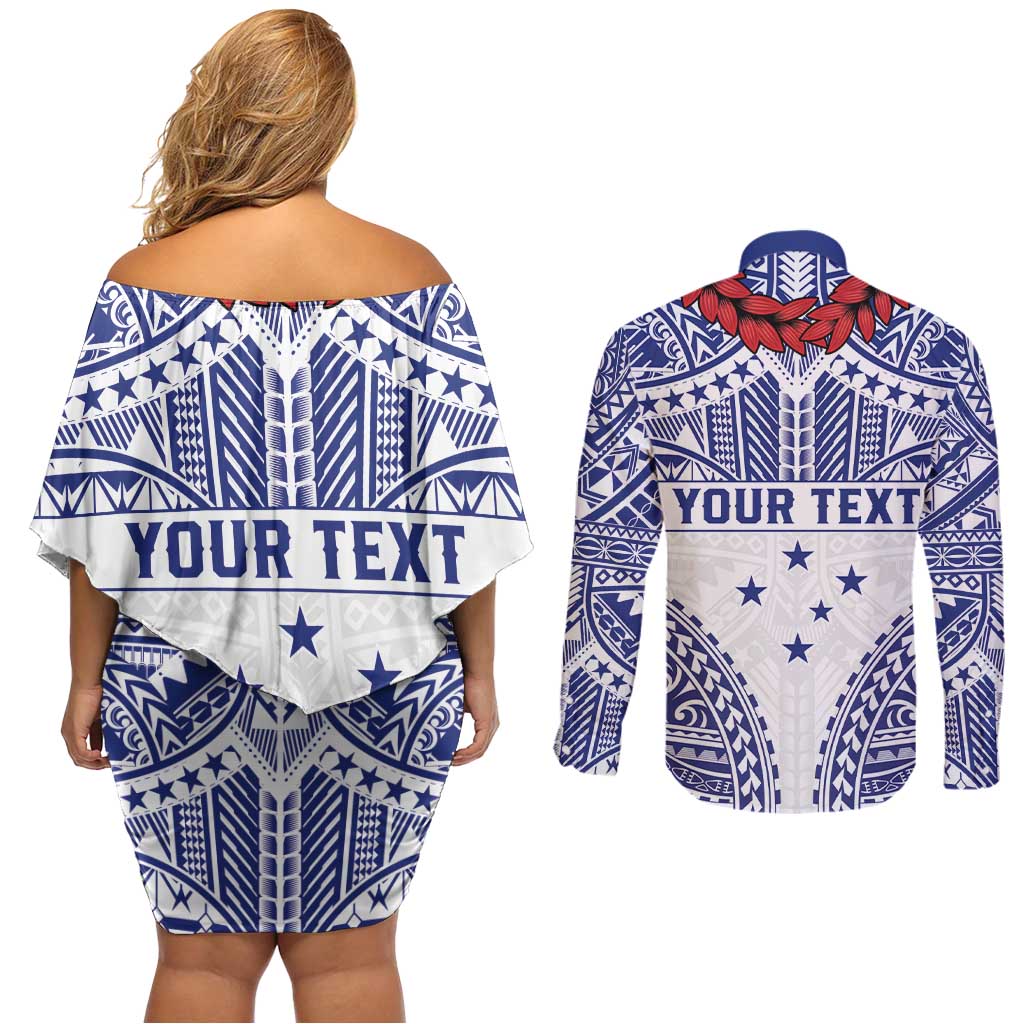 Personalised Toa Samoa Rugby Spirit Couples Matching Off Shoulder Short Dress and Long Sleeve Button Shirt White Samoan Tribal Pattern - Polynesian Pride