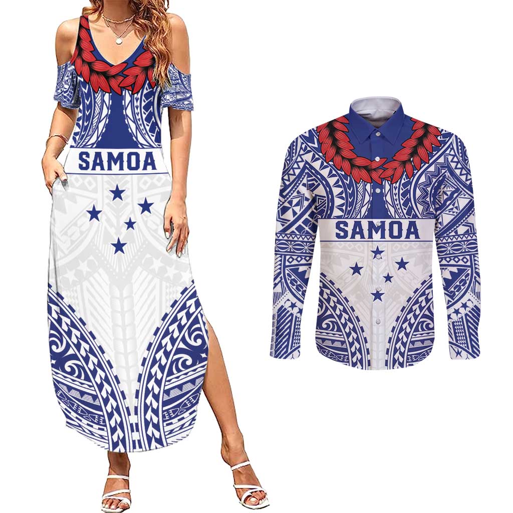 Personalised Toa Samoa Rugby Spirit Couples Matching Summer Maxi Dress and Long Sleeve Button Shirt White Samoan Tribal Pattern - Polynesian Pride
