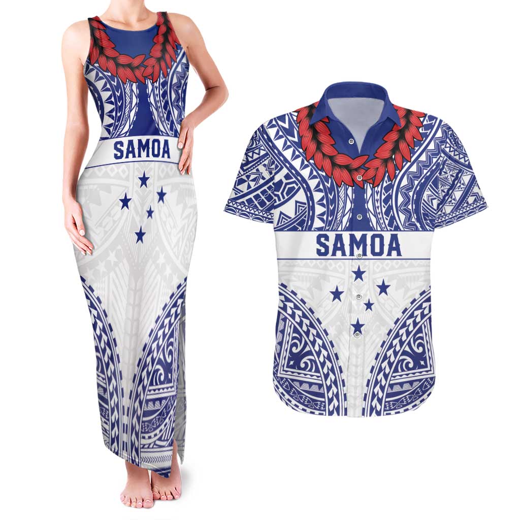 Personalised Toa Samoa Rugby Spirit Couples Matching Tank Maxi Dress and Hawaiian Shirt White Samoan Tribal Pattern - Polynesian Pride