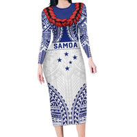 Personalised Toa Samoa Rugby Spirit Family Matching Long Sleeve Bodycon Dress and Hawaiian Shirt White Samoan Tribal Pattern - Polynesian Pride