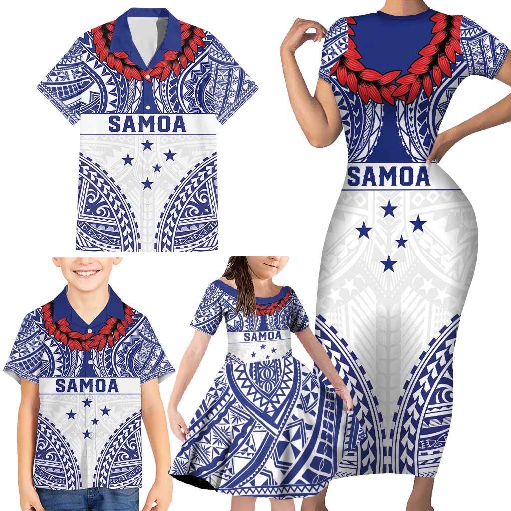 Personalised Toa Samoa Rugby Spirit Family Matching Short Sleeve Bodycon Dress and Hawaiian Shirt White Samoan Tribal Pattern - Polynesian Pride