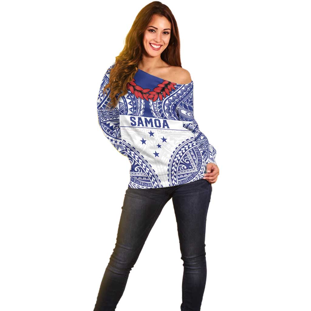 Personalised Toa Samoa Rugby Spirit Off Shoulder Sweater White Samoan Tribal Pattern - Polynesian Pride