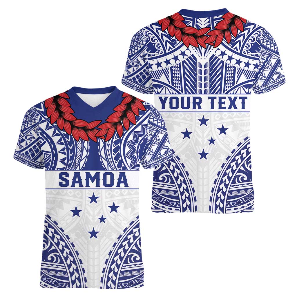 Personalised Toa Samoa Rugby Spirit Women V-Neck T-Shirt White Samoan Tribal Pattern - Polynesian Pride