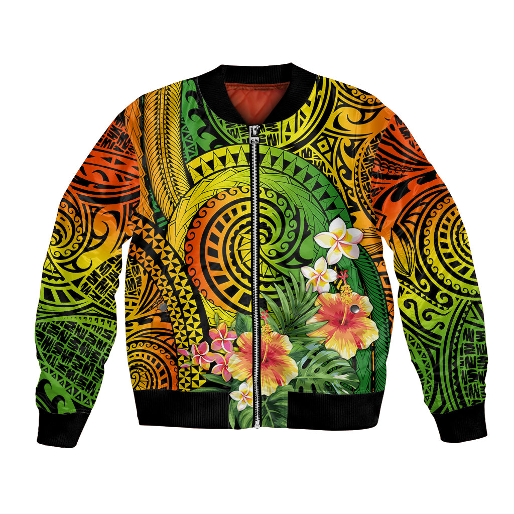 Polynesia Bomber Jacket Pasifika Tribal with Tropical Flowers LT9 Unisex Reggae - Polynesian Pride