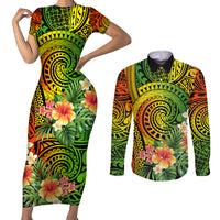 Polynesia Couples Matching Short Sleeve Bodycon Dress and Long Sleeve Button Shirt Pasifika Tribal with Tropical Flowers LT9 Reggae - Polynesian Pride