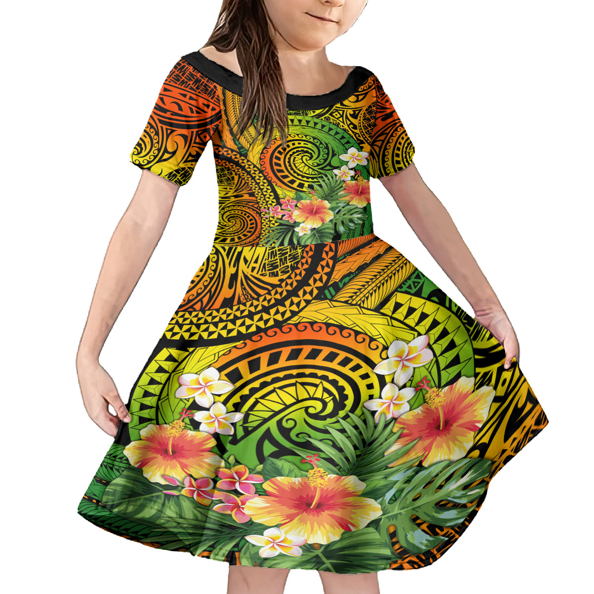 Polynesia Family Matching Puletasi Dress and Hawaiian Shirt Pasifika Tribal with Tropical Flowers LT9 Daughter's Dress Reggae - Polynesian Pride