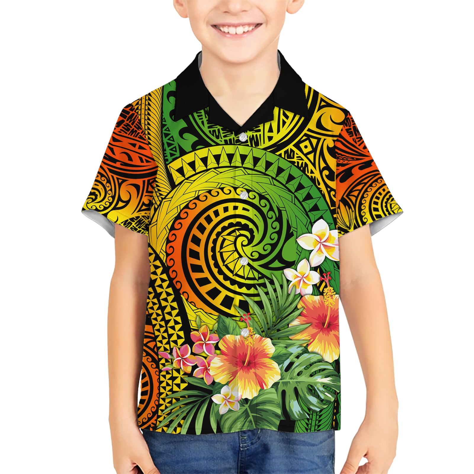 Polynesia Kid Hawaiian Shirt Pasifika Tribal with Tropical Flowers LT9 Kid Reggae - Polynesian Pride