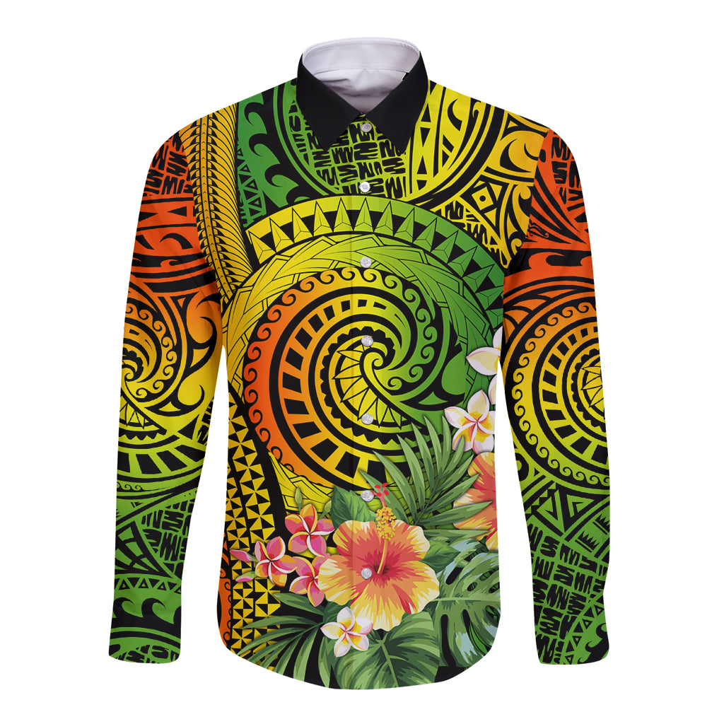 Polynesia Long Sleeve Button Shirt Pasifika Tribal with Tropical Flowers LT9 Unisex Reggae - Polynesian Pride