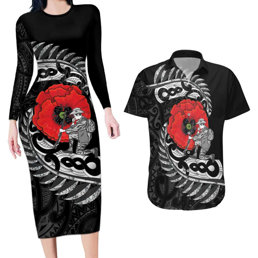 ANZAC Day Aotearoa Silver Fern Maori Personalised Couples Matching Long Sleeve Bodycon Dress and Hawaiian Shirt