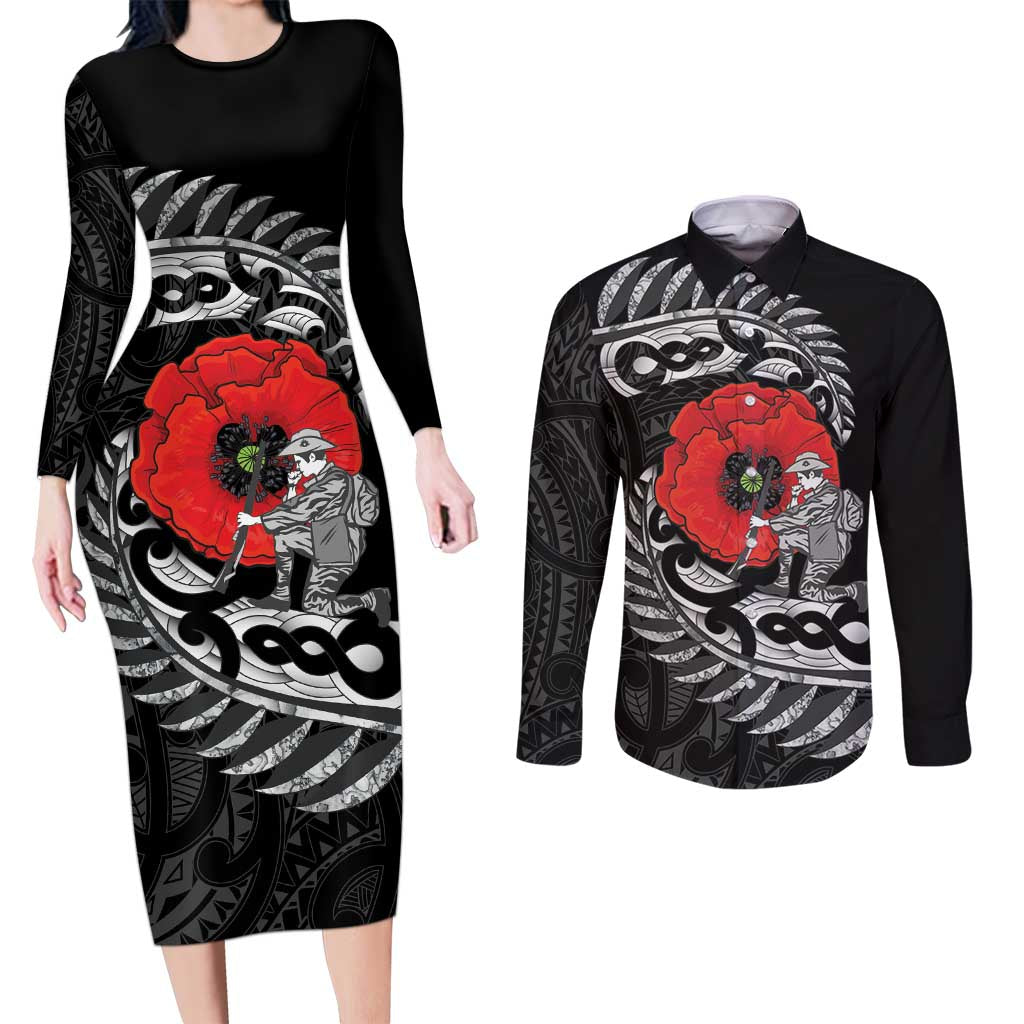 ANZAC Day Aotearoa Silver Fern Maori Personalised Couples Matching Long Sleeve Bodycon Dress and Long Sleeve Button Shirt