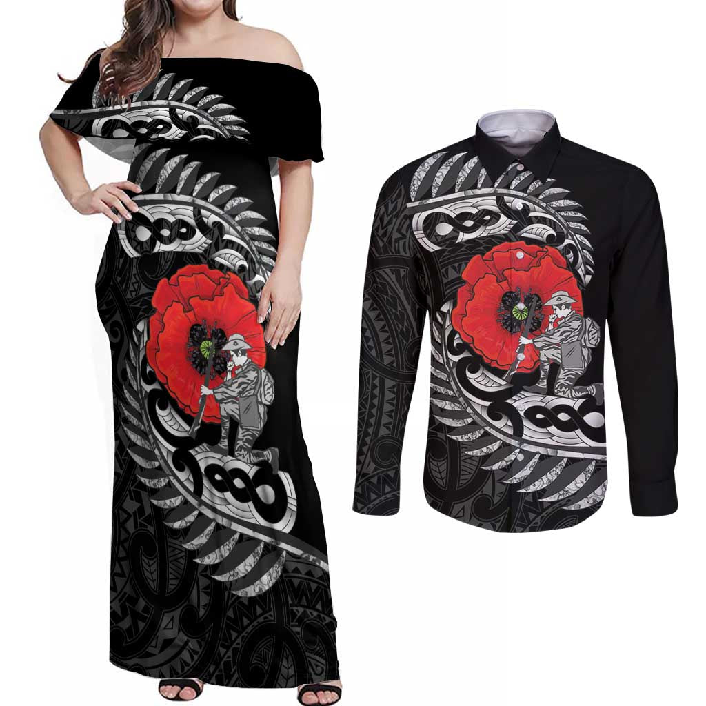 ANZAC Day Aotearoa Silver Fern Maori Personalised Couples Matching Off Shoulder Maxi Dress and Long Sleeve Button Shirt