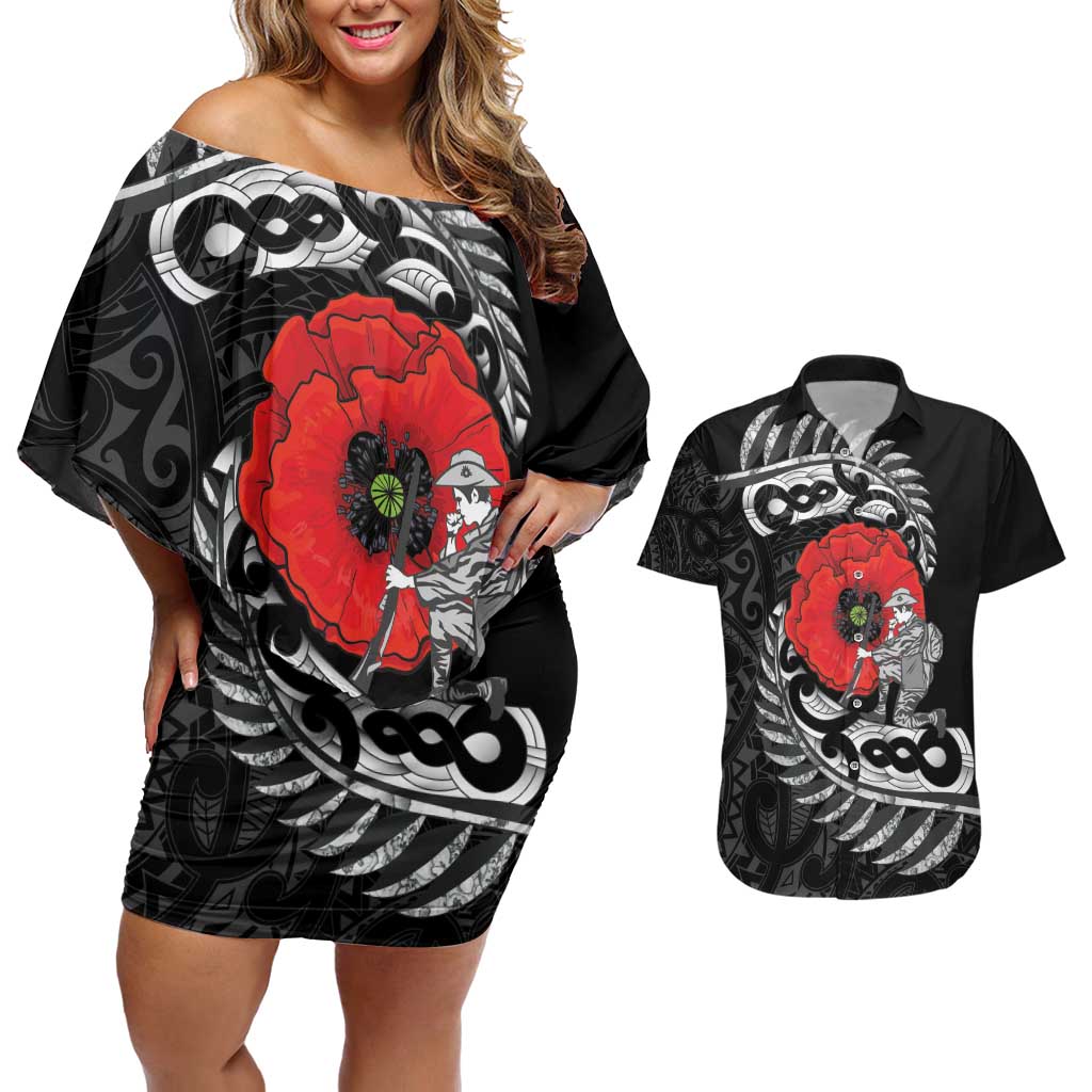 ANZAC Day Aotearoa Silver Fern Maori Personalised Couples Matching Off Shoulder Short Dress and Hawaiian Shirt