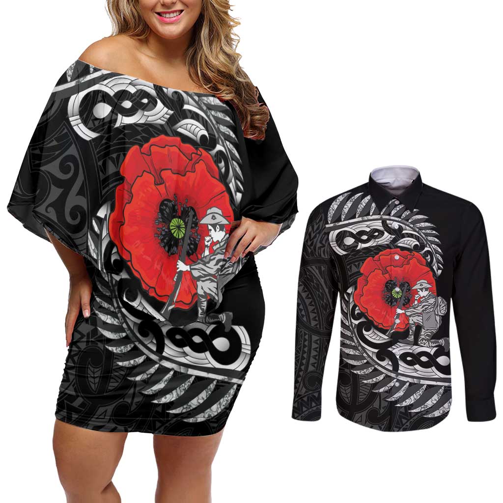 ANZAC Day Aotearoa Silver Fern Maori Personalised Couples Matching Off Shoulder Short Dress and Long Sleeve Button Shirt
