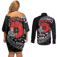 ANZAC Day Aotearoa Silver Fern Maori Personalised Couples Matching Off Shoulder Short Dress and Long Sleeve Button Shirt