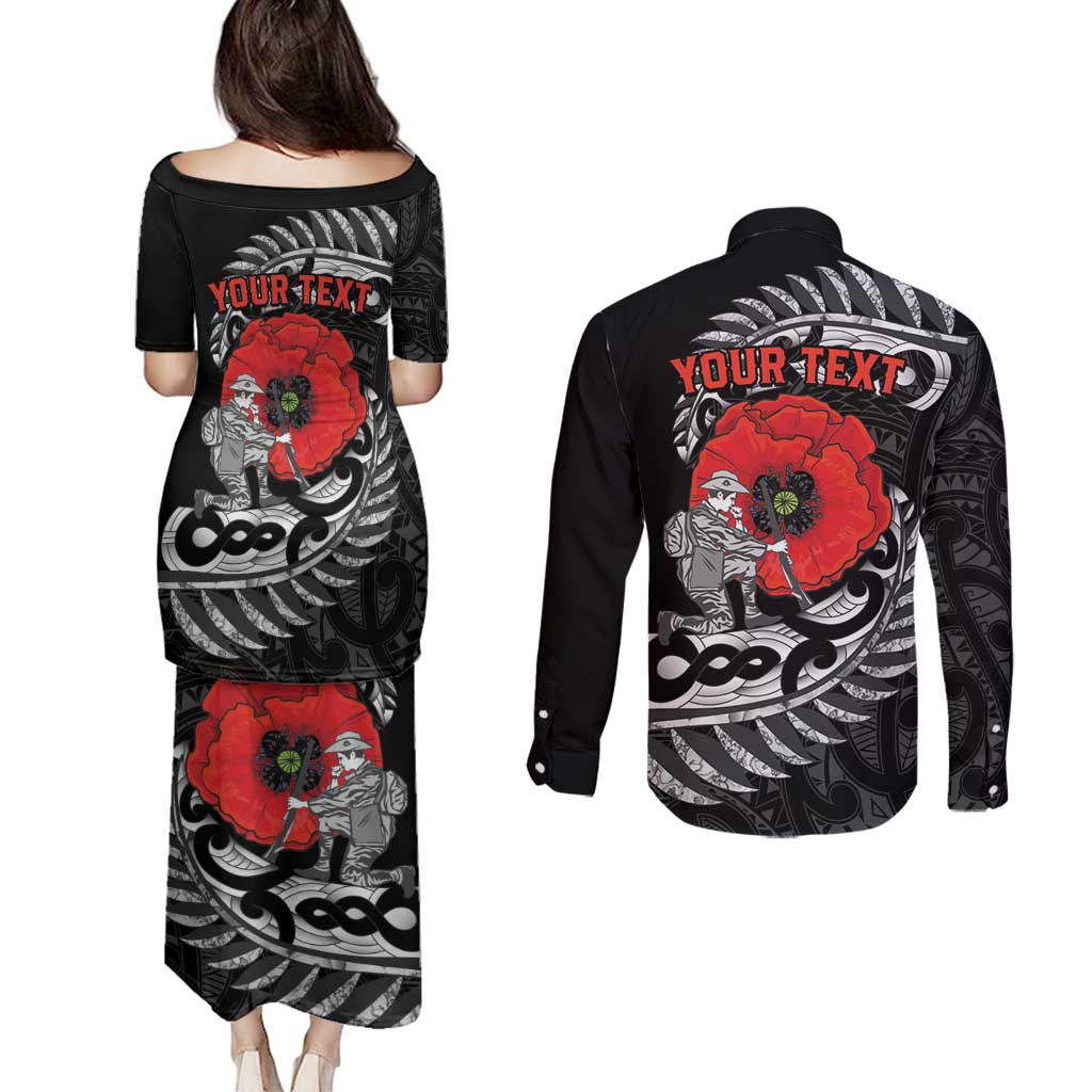 ANZAC Day Aotearoa Silver Fern Maori Personalised Couples Matching Puletasi and Long Sleeve Button Shirt