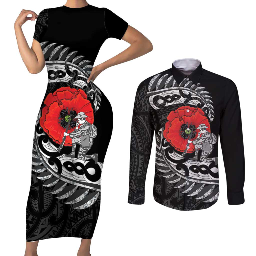 ANZAC Day Aotearoa Silver Fern Maori Personalised Couples Matching Short Sleeve Bodycon Dress and Long Sleeve Button Shirt