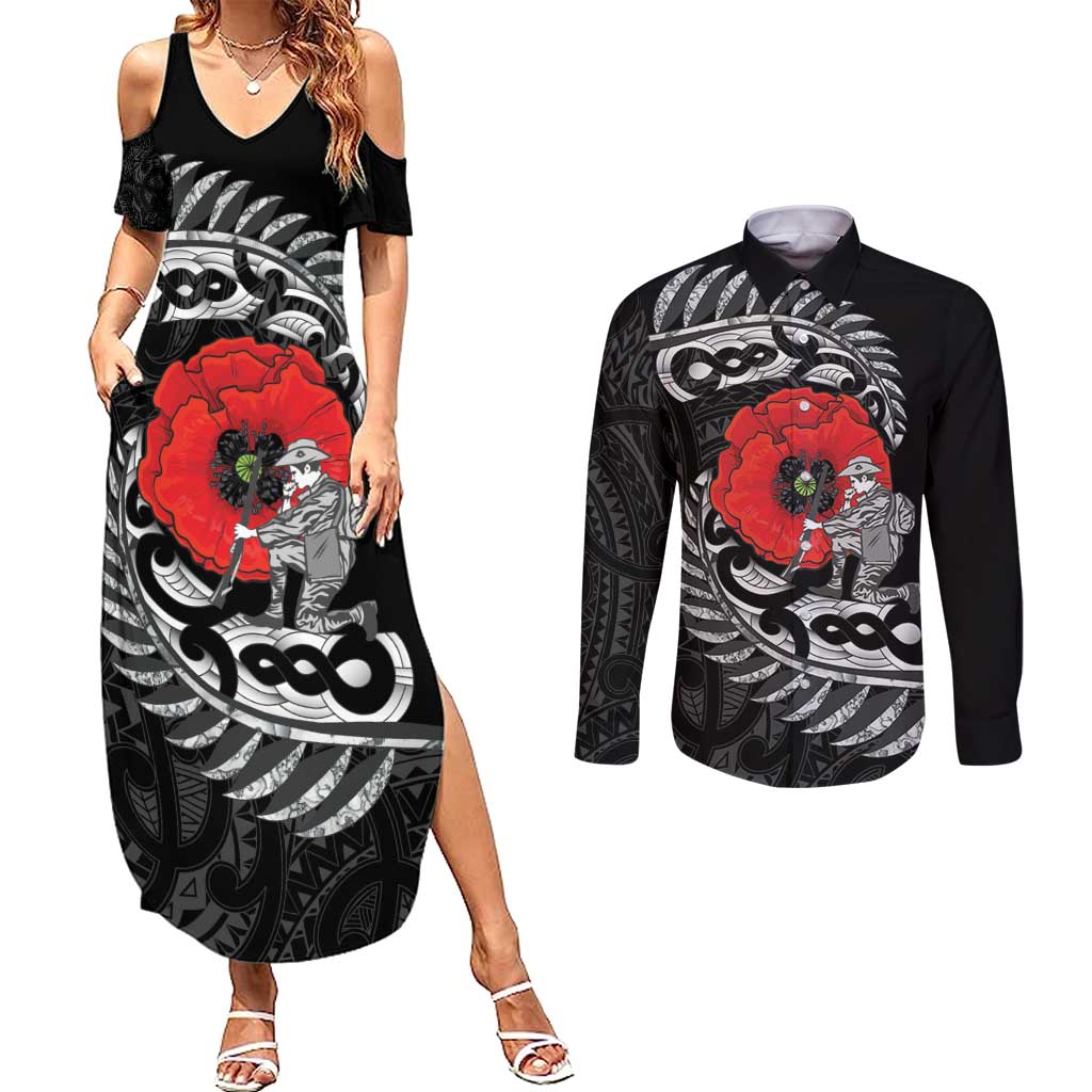 ANZAC Day Aotearoa Silver Fern Maori Personalised Couples Matching Summer Maxi Dress and Long Sleeve Button Shirt