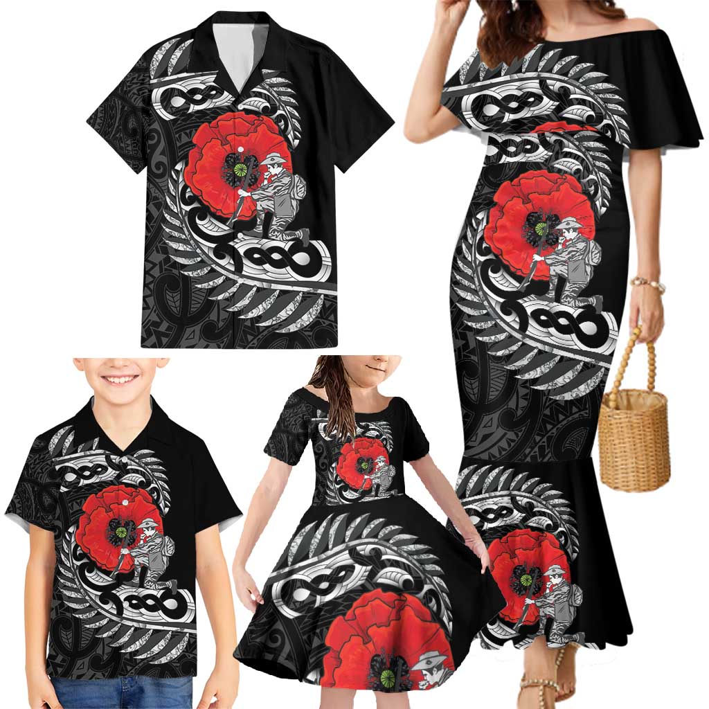 ANZAC Day Aotearoa Silver Fern Maori Personalised Family Matching Mermaid Dress and Hawaiian Shirt
