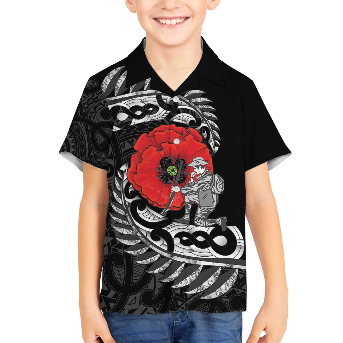 ANZAC Day Aotearoa Silver Fern Maori Personalised Family Matching Off The Shoulder Long Sleeve Dress and Hawaiian Shirt