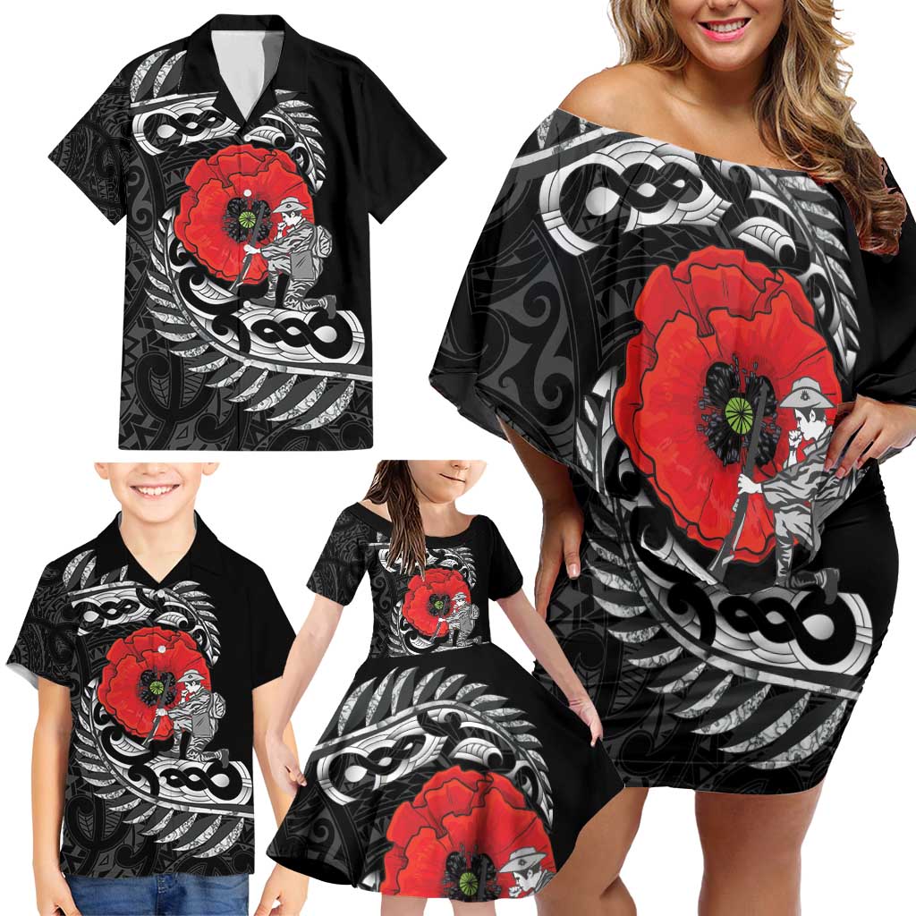 ANZAC Day Aotearoa Silver Fern Maori Personalised Family Matching Off Shoulder Short Dress and Hawaiian Shirt