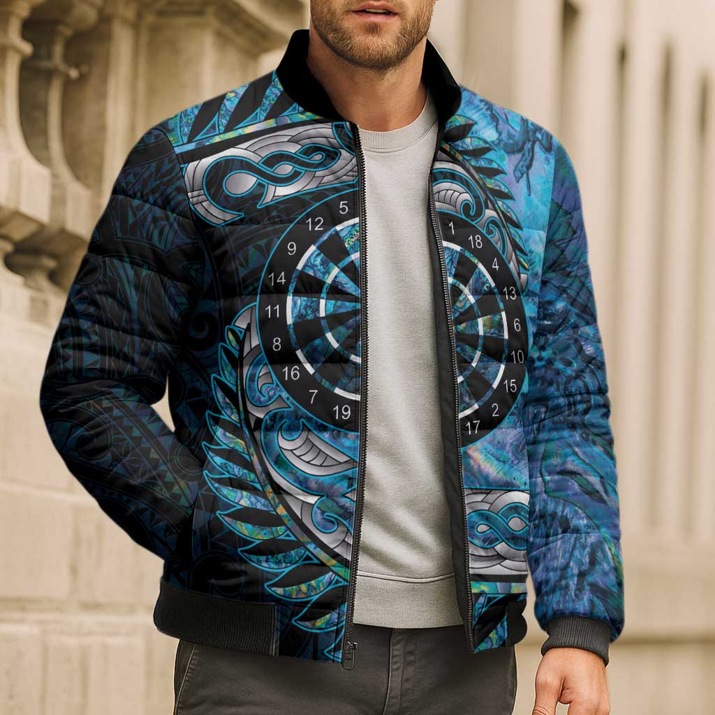 New Zealand Darts Personalised Bomber Puffer Jacket Aotearoa Silver Fern Blue Papua Shell Spirit - Polynesian Pride