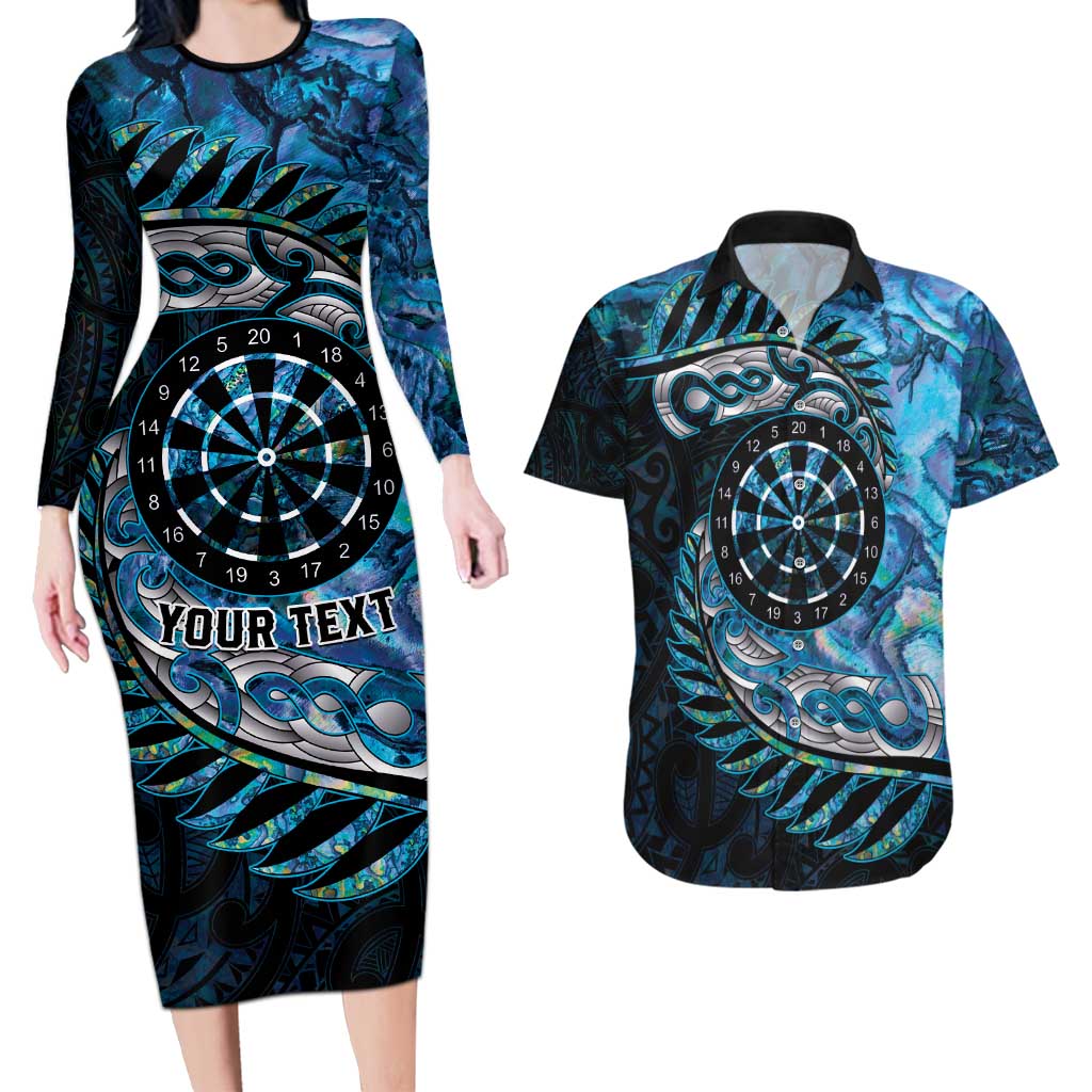 New Zealand Darts Personalised Couples Matching Long Sleeve Bodycon Dress and Hawaiian Shirt Aotearoa Silver Fern Blue Papua Shell Spirit LT9 Blue - Polynesian Pride