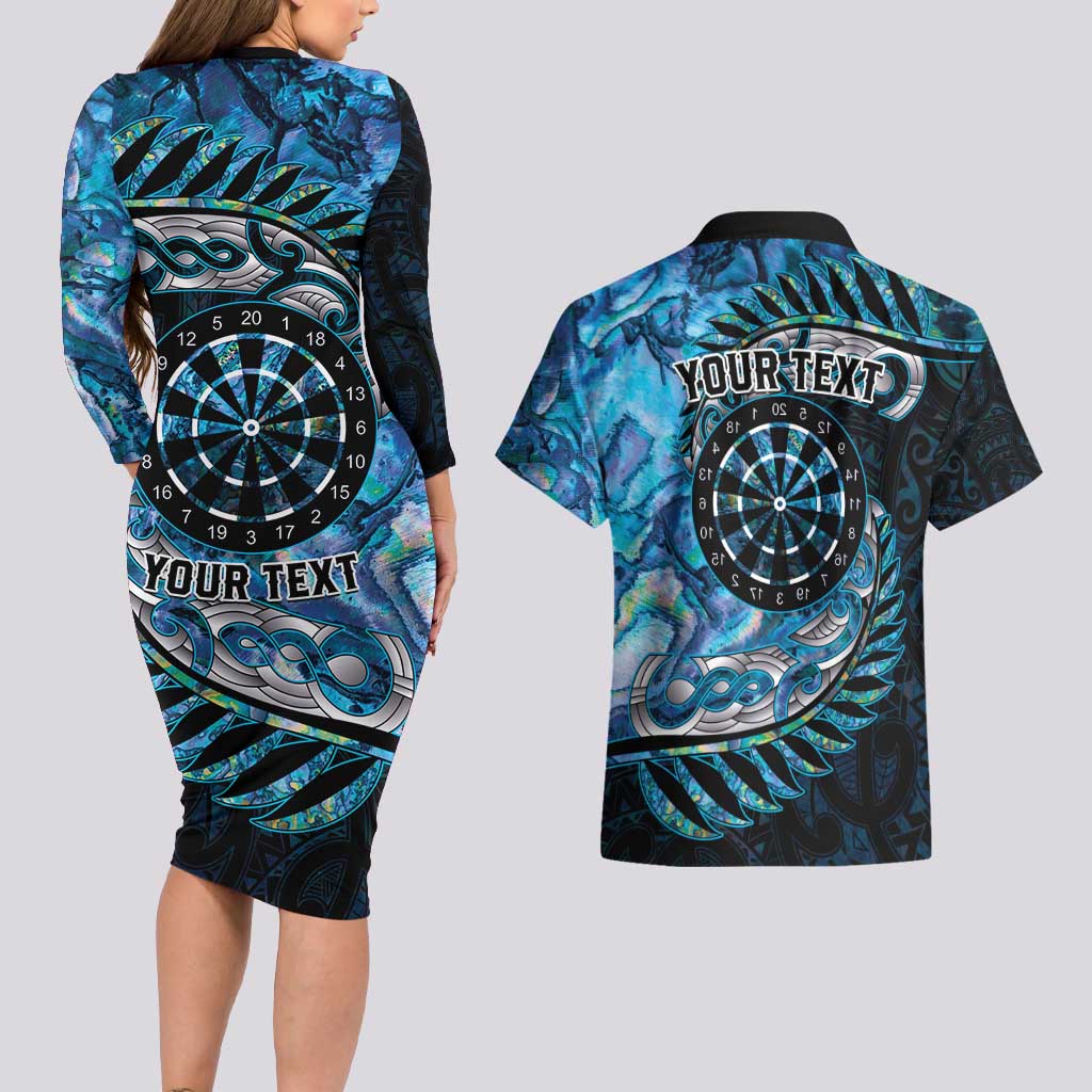New Zealand Darts Personalised Couples Matching Long Sleeve Bodycon Dress and Hawaiian Shirt Aotearoa Silver Fern Blue Papua Shell Spirit LT9 - Polynesian Pride